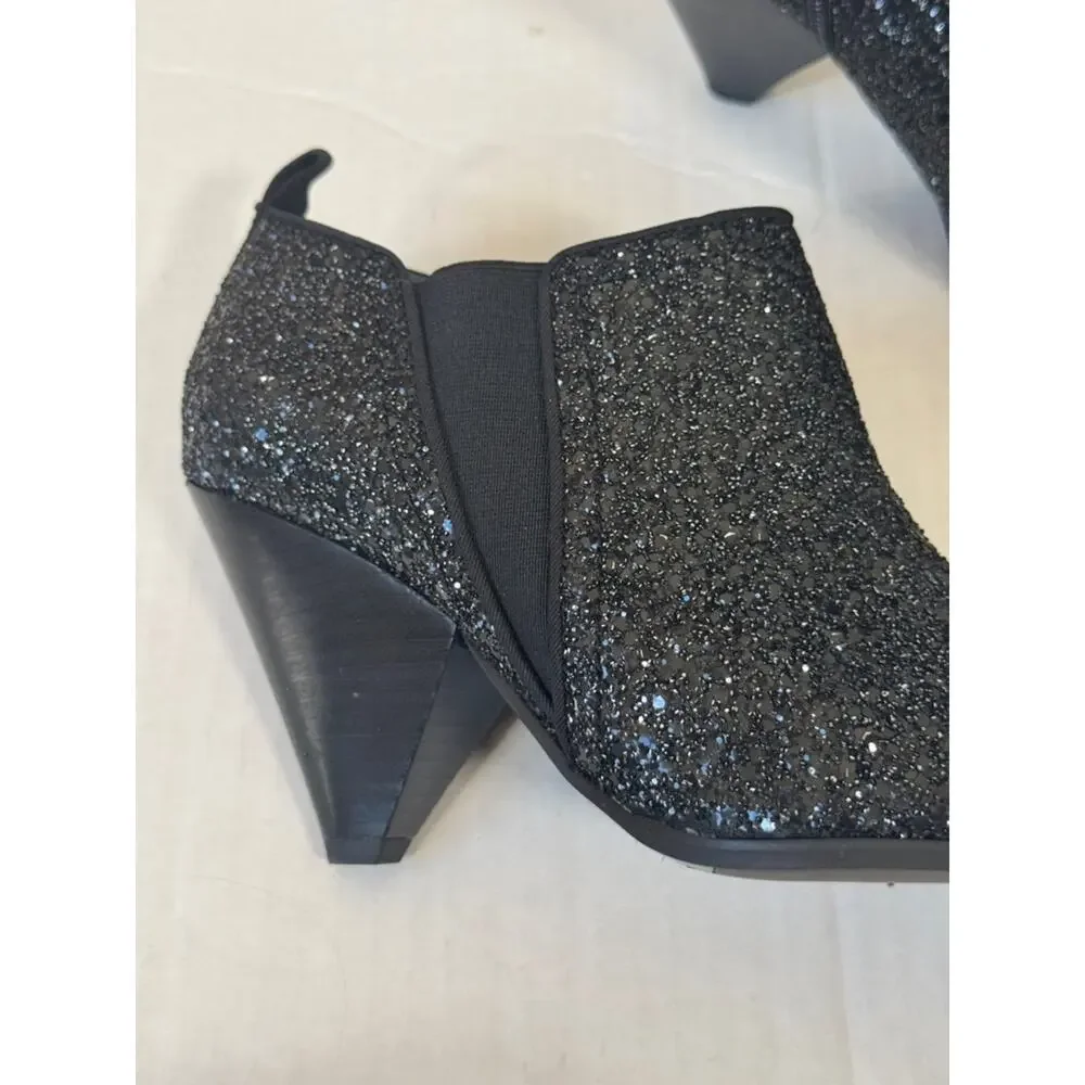 Franco Sarto Black Glitter Ankle Boots Booties Womens 9 Boho Western Glitz Glam